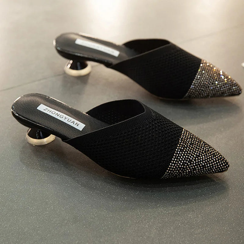 Elegant Medium Heel Women's Mules Shoes Women Designer Rhinestone Luxury Party Slippers Summer New 2024 Sandals Fashion Slipper