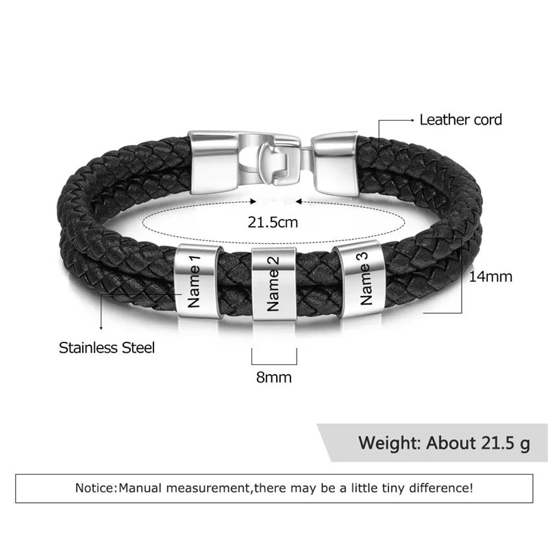 Custom Family Names Beads Bracelet Men Personalized Engraved Bracelets Black Leather Stainless Steel Bracelet Father's Day gift