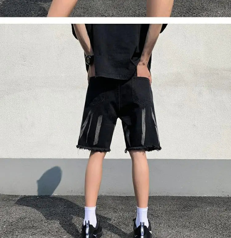 Tie-dye Furnished Denim Shorts Men's Ripped High Street Design Over-the-knee Five-point Pants