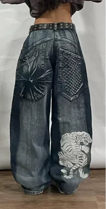 New American Retro Southpole Men Jeans Skull Print Loose Jeans Couple Harajuku Gothic Hip-Hop Straight Wide-Leg Pants
