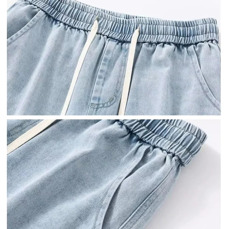 Men Casual Denim Shorts Male New Elastic Waist Straight Leg Comfortable Light Blue Soft Short Pants Baggy Wide Leg Jeans