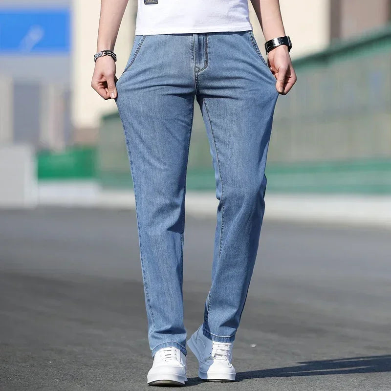 2025 Summer New Men's Loose Gray Jeans Fashion Casual Stretch Straight-leg Denim Pants Male Light Blue Men's Trousers