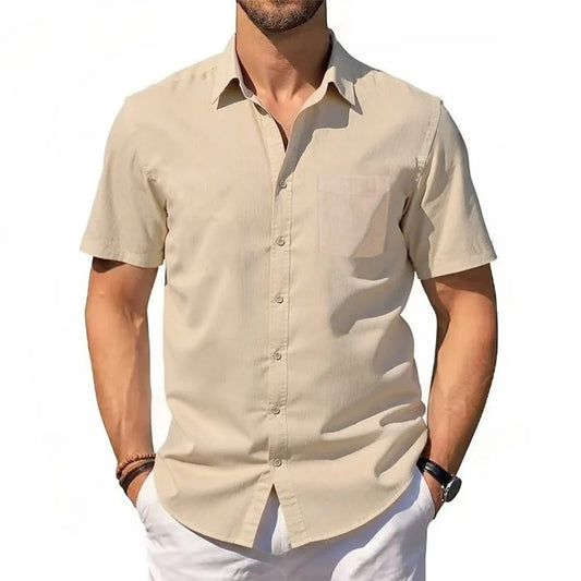 Mens Short Sleeve Shirt Summer New Cotton Linen T-shirt S Lightweight Breathable Beach Tops Turn Down Collar Casual Button Up