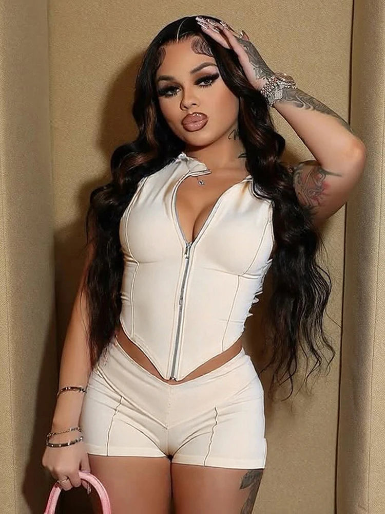 kliou Casual Summer Women Shorts Set Solid Active Irregular Zip-up Tank Tops+Stretch Bottoms Mujer Basic Matching Street 2 Piece