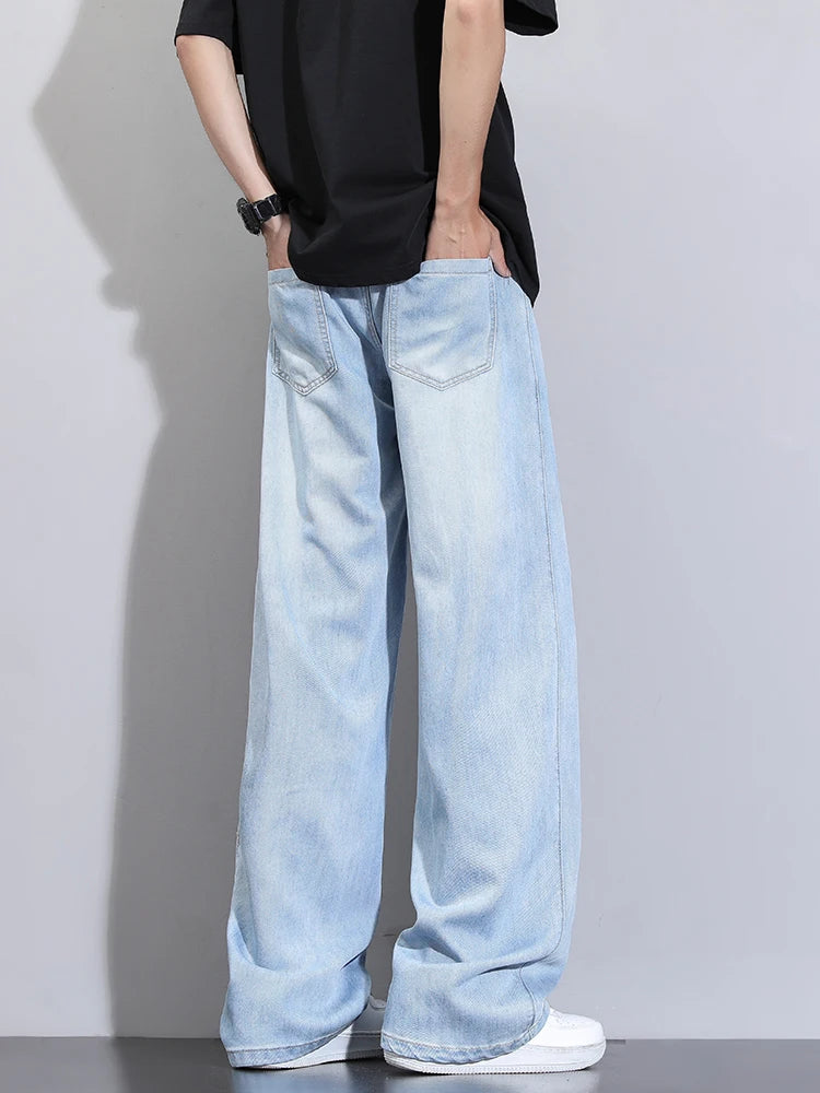 Summer Lyocell Jeans Men Korean Fashion Wide Leg Straight Denim Pants Light and Thin Cool Baggy Jeans Trousers