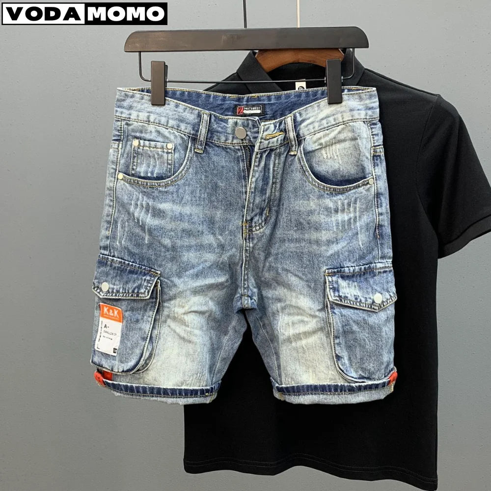 Summer Men's Fashion Pocket Baggy Jeans Shorts Loose Straight Capris Jeans For Men Streetwear Cargo Short Pants ropa hombre