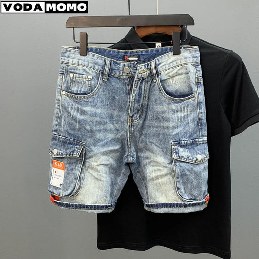 Summer Men's Fashion Pocket Baggy Jeans Shorts Loose Straight Capris Jeans For Men Streetwear Cargo Short Pants ropa hombre