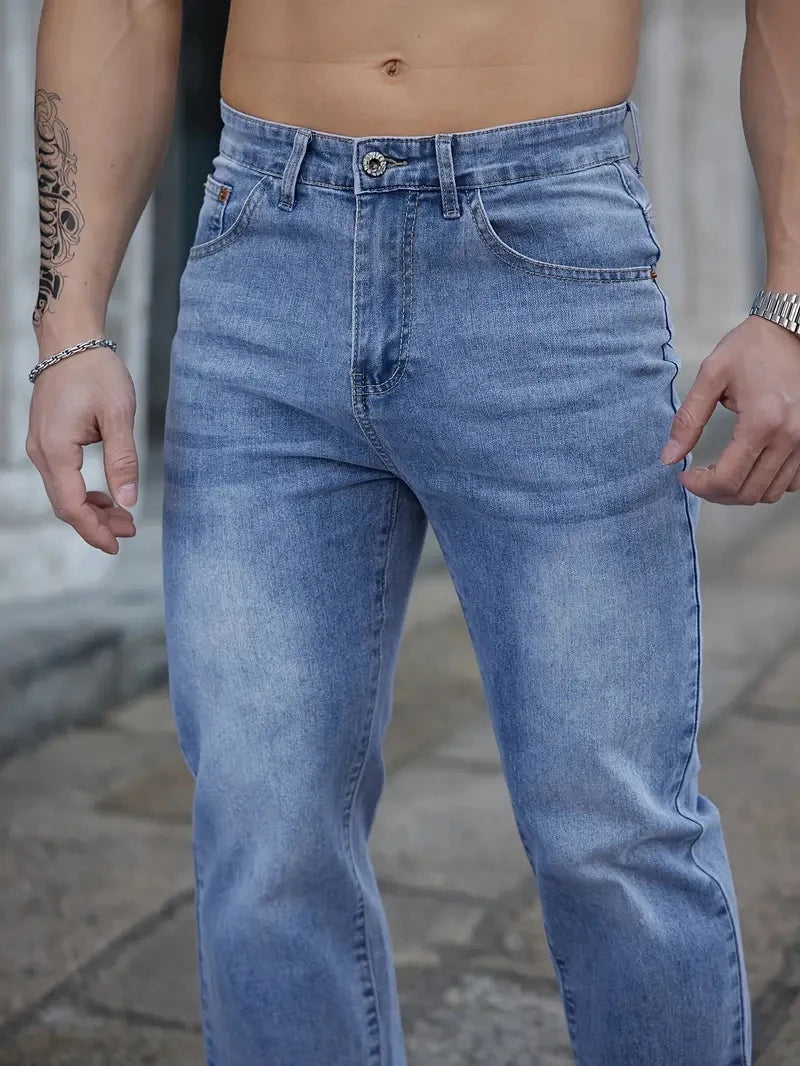2025 Summer Thin Men's Stretch Baggy Jeans  Elastic Waist Embroidery Business Casual Straight Denim Trousers Classic Style Male