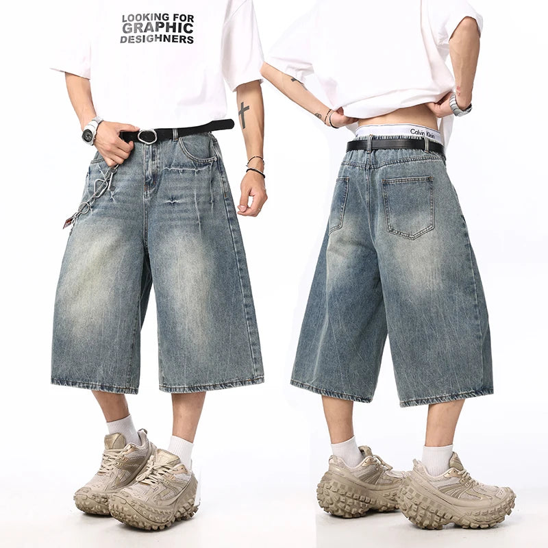 Summer New Mens Oversized Wide Shorts Lightning Cracked Y2k Baggy Jeans Washed Streetwear Fashion Loose Calf-length Denim Pants