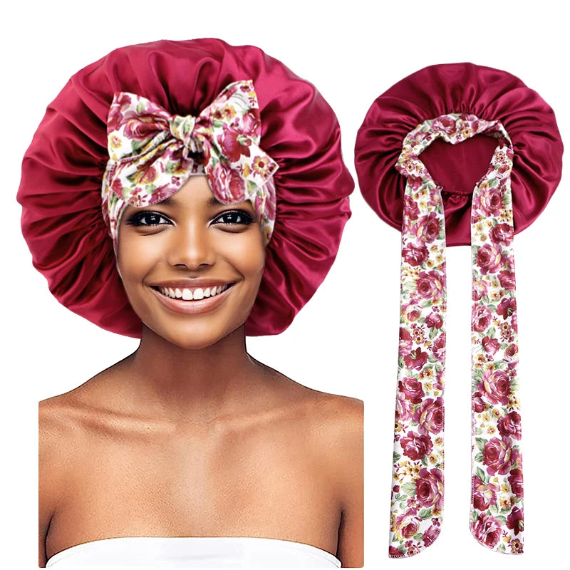 Women's Lace-up Satin Bonnet With Wide Stretch Ties Band Long Tail Bonnet Satin Cheveux Nuit Silky Sleeping Night Cap Bonnets