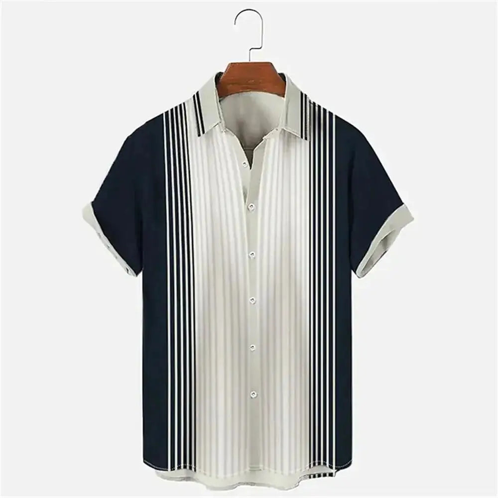 Stripes Simple Casual Dress Shirts European Size Men's Hawaiian Fashion Short Sleeve Loose Breathable Top Button Summer