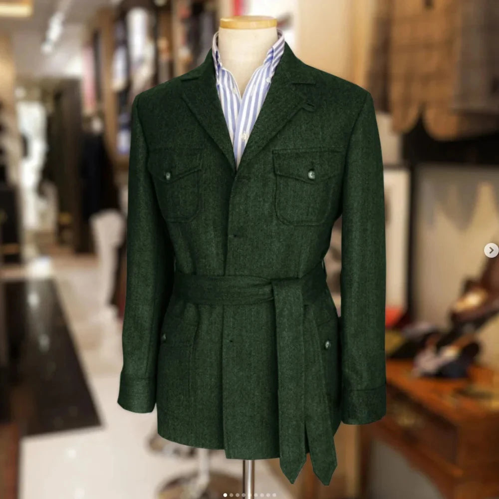 Only jacket 1 PCS Men Coat With Belt Vintage Tweed Hunting Casual Hunting Casual Men's Blazer Single Breasted Stylish