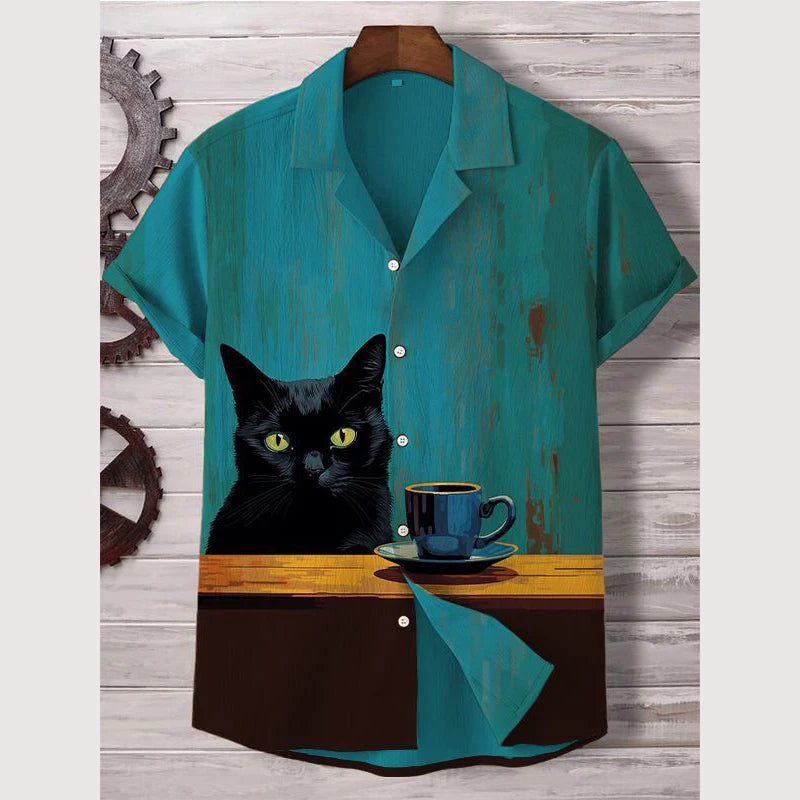 Summer Men's Shirt Animal Pattern Print Cat Shirts Casual Short Sleeve Streetwear Fashion Male Oversized Clothing Cardigan Top