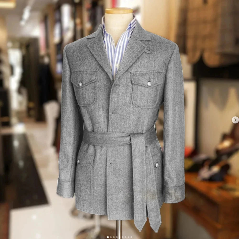 Only jacket 1 PCS Men Coat With Belt Vintage Tweed Hunting Casual Hunting Casual Men's Blazer Single Breasted Stylish