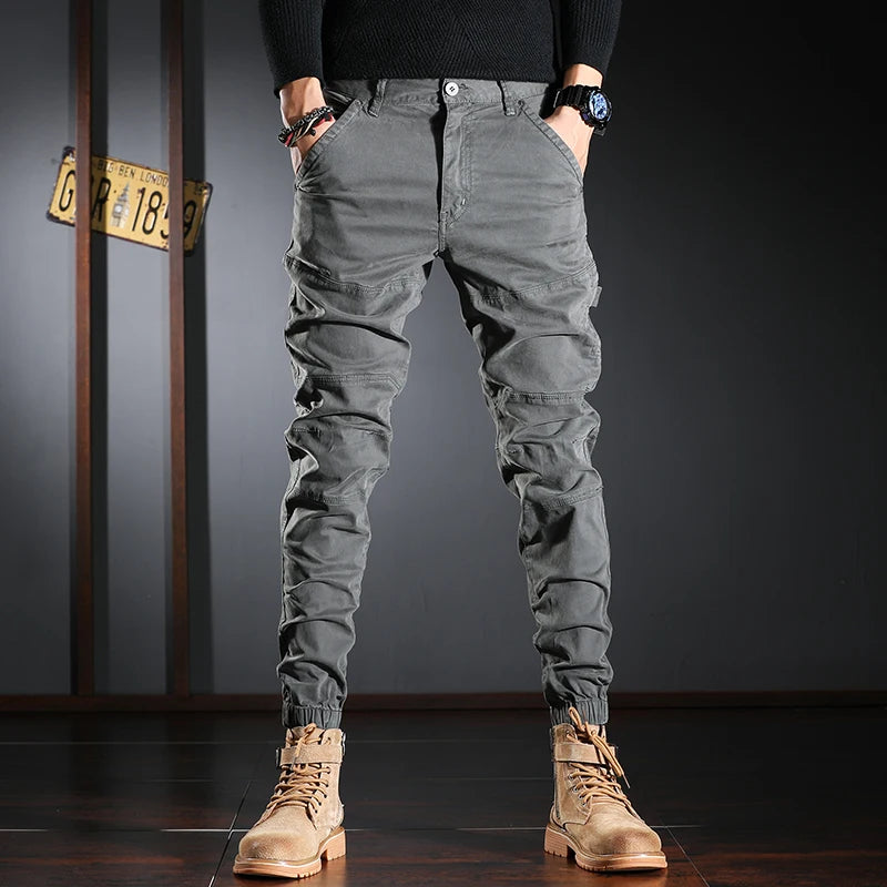 Streetwear Fashion Men Jeans Elastic Stretch Slim Fit Spliced Designer Casual Cargo Pants Hombre Hip Hop Joggers Men Overalls