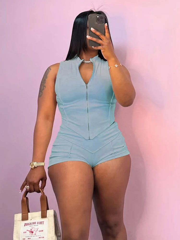 kliou Casual Summer Women Shorts Set Solid Active Irregular Zip-up Tank Tops+Stretch Bottoms Mujer Basic Matching Street 2 Piece