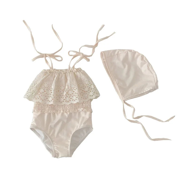 deer jonmi 2025 Summer Korean Style Baby Girls Swimsuits Lace Hollow Out Toddlers Kids Beach Vacation Bikini Children Swimwear