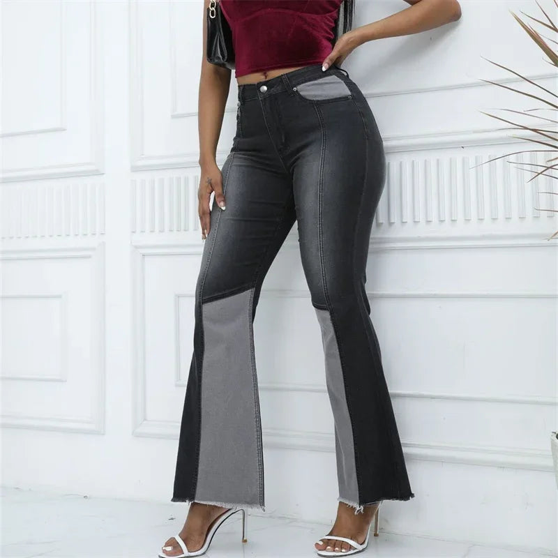 Fashion High Waist Washed Flared Jeans Women Casual Commuter Wide Leg Denim Pants Female Chic Colour Blocking Patchwork Trousers
