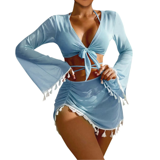 Solid Color Sexy Fashion Slim Fitting Beach Swimwear For Lady Split Lightweight Strap High Waist Pleated Cover-up Four-Piece Set