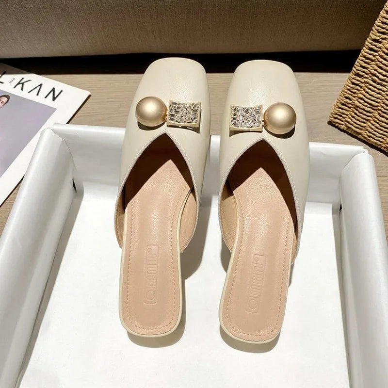 Slides Mules Summer Outside Shoes For Women 2024 Low Heel Woman Slippers Off White Sandals Leather Natural Skin Luxury B Sale W