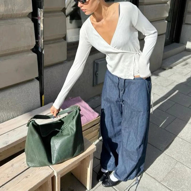 Street Style Fashion Tie Up Crop Tops Ladies V Neck Bandage T-shirt Women Slim Fit Long Sleeve Blouse Tees 2000s Vintage Clothes