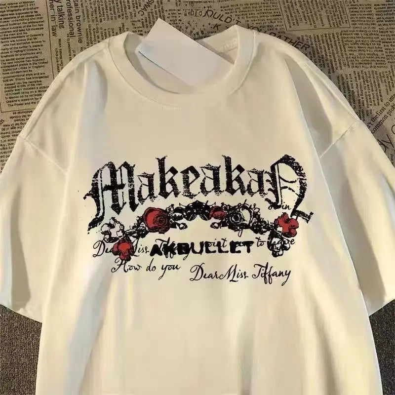 American Diablo Rose Skull Printed Cotton Couple Short Sleeve Summer Campus Retro Loose Y2Kt T-shirt Women's Wear