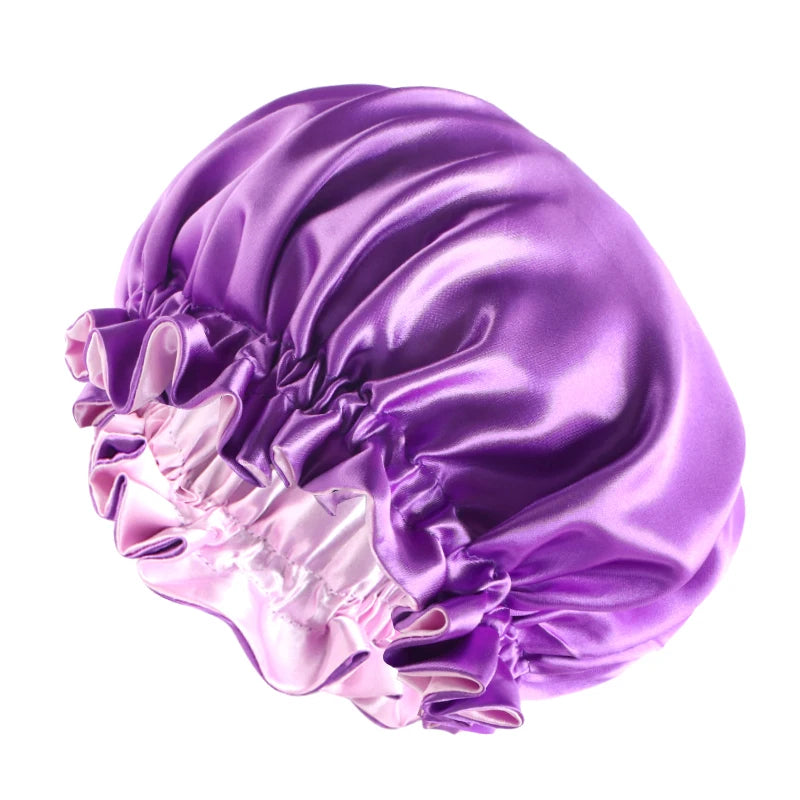 New Solid Elastic Double Layer Satin Bonnet Nightcap Doubleside Women Shower Bath Caps Night Sleep Hair Protection Hat