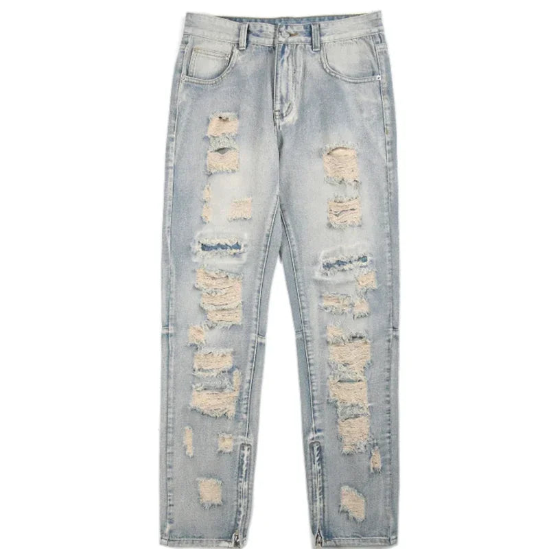 Men Summer Big Ripped Tassel Fashion Jeans Male Breathable Streetwear Baggy Hip Hop Distressed Denim Pants Y2k Goth Trouser