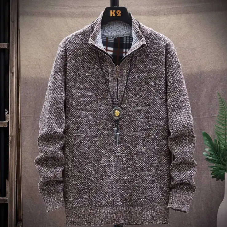 New Fleece Men's Large Size Half Turtleneck Sweater Men's Zipper Knit Sweater Slim Fit Casual Pullover Fall Winter Men