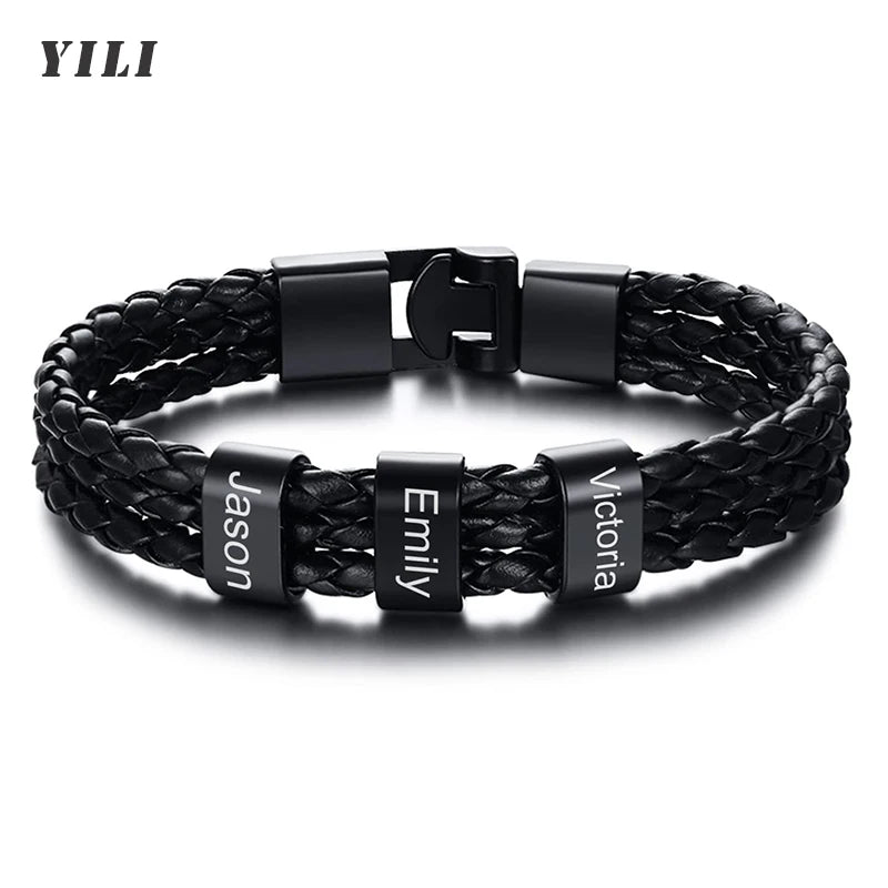 Custom Family Names Beads Bracelet Men Personalized Engraved Bracelets Black Leather Stainless Steel Bracelet Father's Day gift