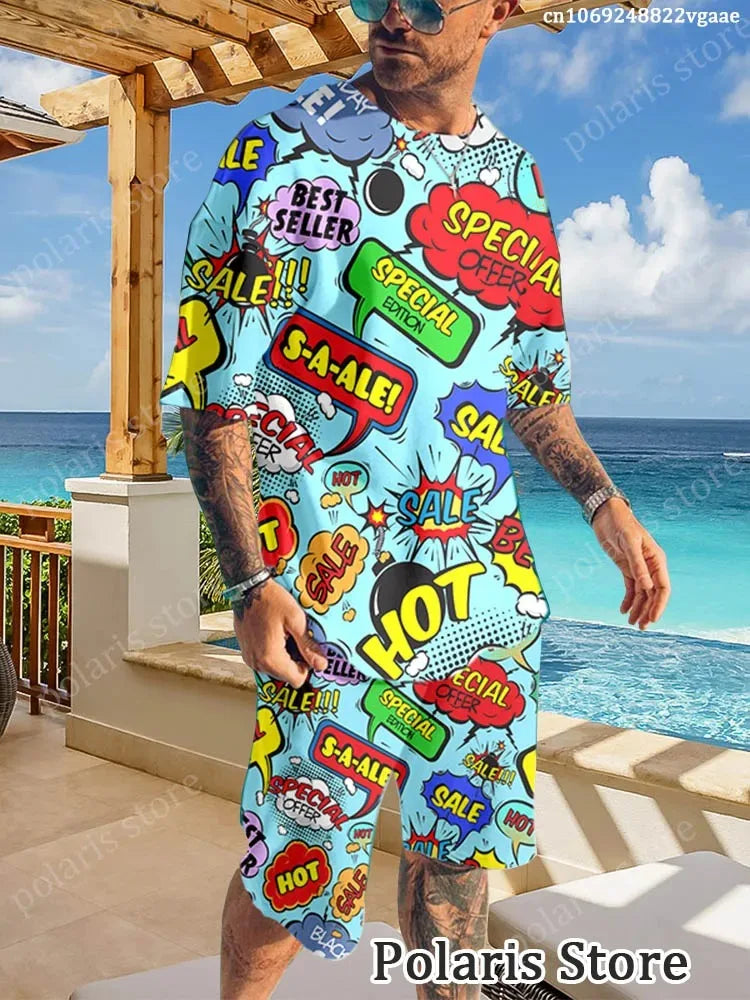 Summer Graffiti Sportswear Men's Fun T-shirt Set Manga Illustrations Loose Clothing Hip Hop Sportswear Two Piece Set Uniform Lig