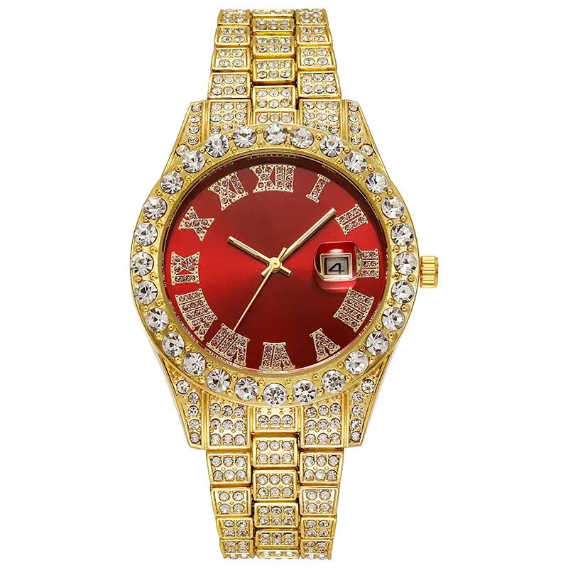 Hip Hop Watch for Men Iced Out Bling Full Diamond Luxury Quartz Watch Analog Roman Calendar Watch for Men Women