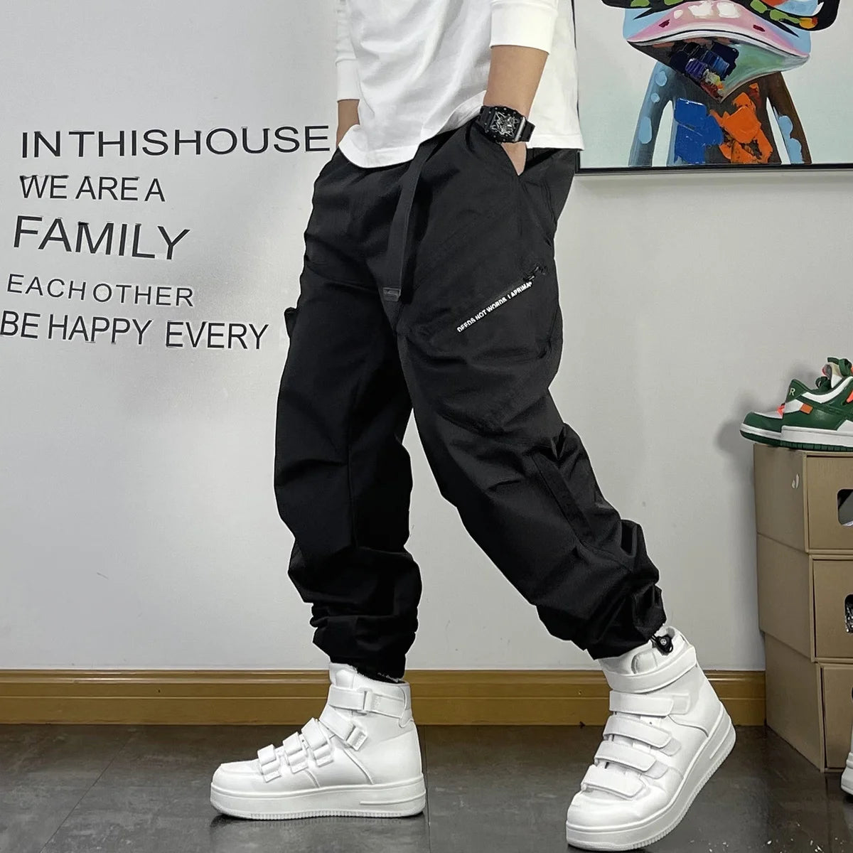 New Spring and Autumn Fashion Brand Spliced Waist Belt and Feet 9/4 Work Pants Loose and Versatile Handsome Youth Men's Pants