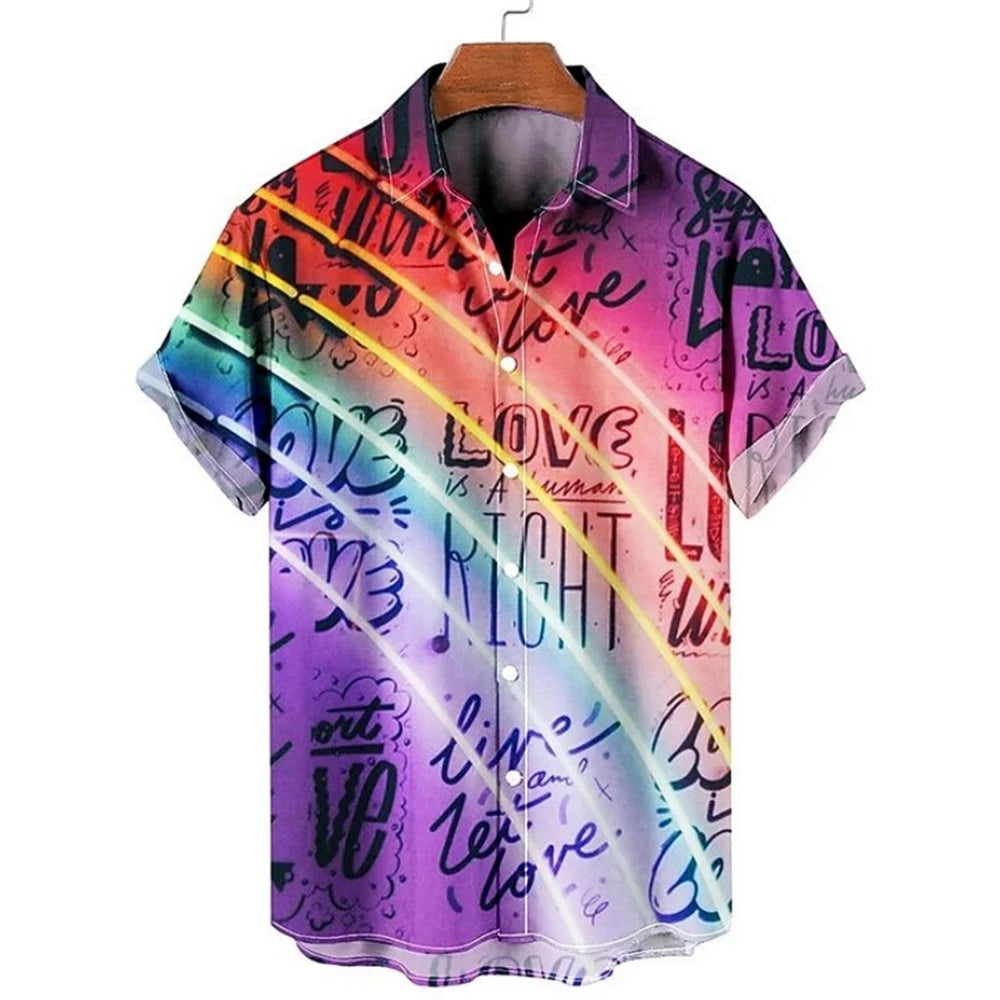 Summer Oversized Romantic Men'S Shirt Rainbow Pattern Fashion Short Sleeve Print Top Simple High Quality Street Loose Hawaiian