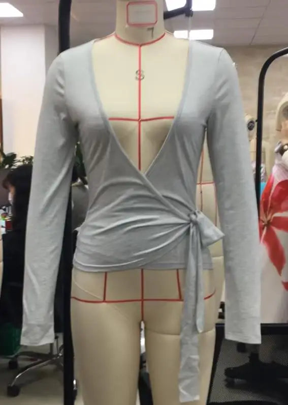 GuliriFei Women’s Cross Wrap Tie Tops Long Sleeve Deep V-Neck Solid Color Slim Fit T-Shirts Workout Blouses