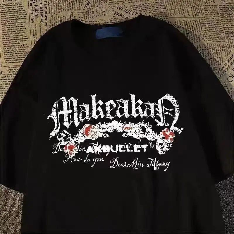 American Diablo Rose Skull Printed Cotton Couple Short Sleeve Summer Campus Retro Loose Y2Kt T-shirt Women's Wear