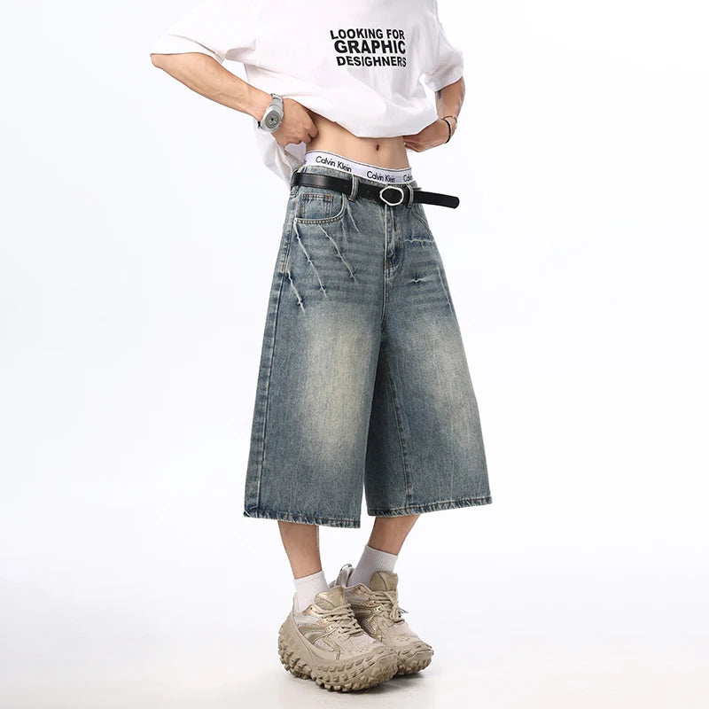 Summer New Mens Oversized Wide Shorts Lightning Cracked Y2k Baggy Jeans Washed Streetwear Fashion Loose Calf-length Denim Pants