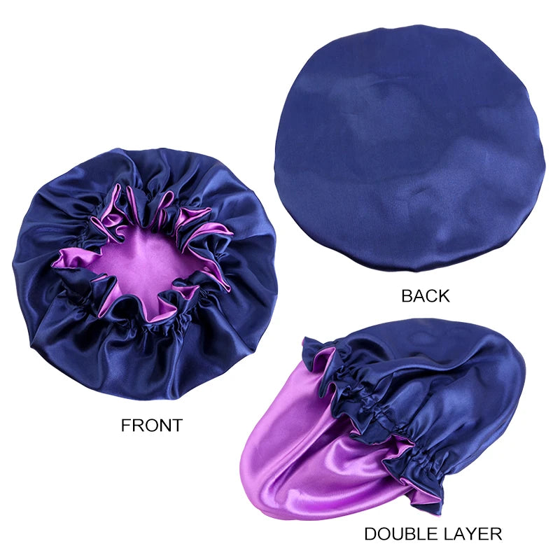 New Solid Elastic Double Layer Satin Bonnet Nightcap Doubleside Women Shower Bath Caps Night Sleep Hair Protection Hat