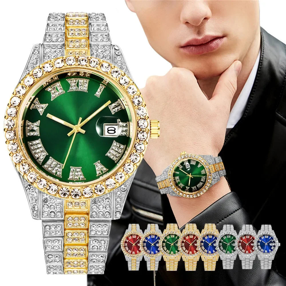 Hip Hop Watch for Men Iced Out Bling Full Diamond Luxury Quartz Watch Analog Roman Calendar Watch for Men Women