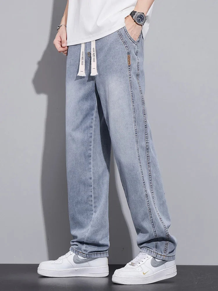 Pop Drawstring Summer Jeans Men's Lyocell Soft Quality Pants Stretch Waist Straight Casual Baggy Denim Trousers Streetwear