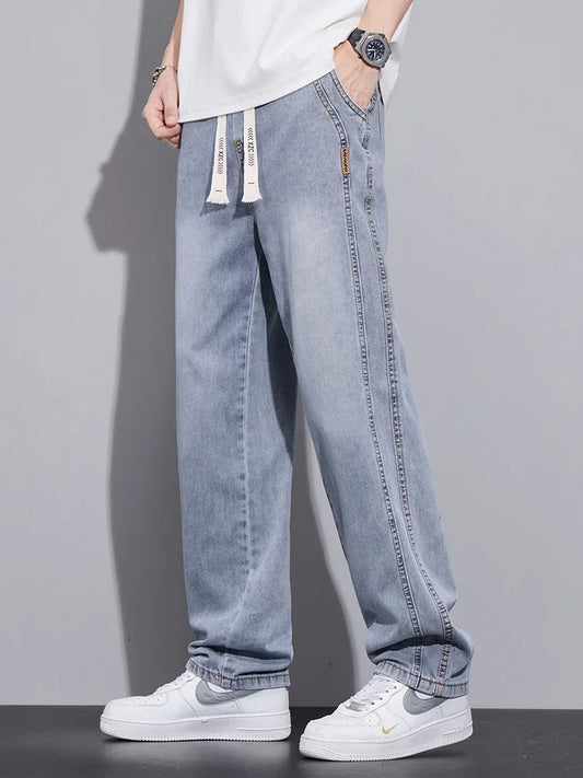 Pop Drawstring Summer Jeans Men's Lyocell Soft Quality Pants Stretch Waist Straight Casual Baggy Denim Trousers Streetwear