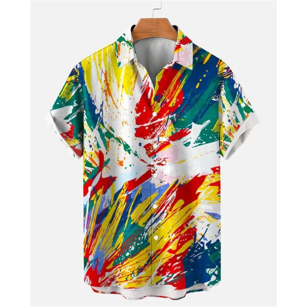 Summer Oversized Romantic Men'S Shirt Rainbow Pattern Fashion Short Sleeve Print Top Simple High Quality Street Loose Hawaiian