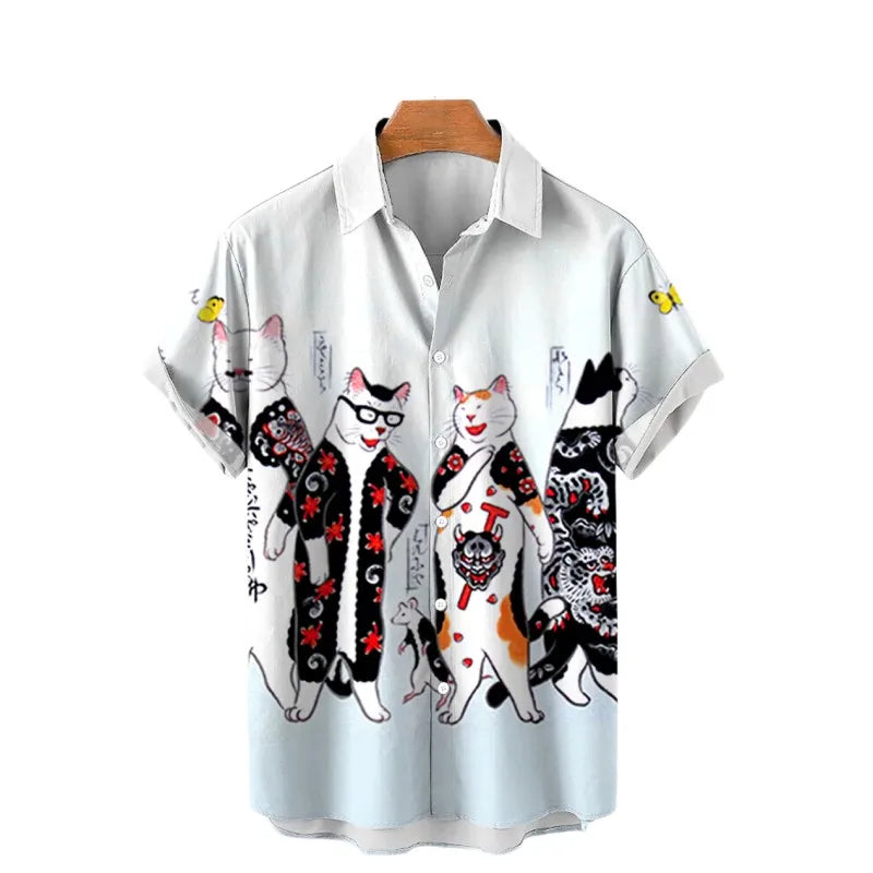 2023 Men's Hawaiian Shirt Cat Printed Short Sleeve Tops Beach Vacation Sunset Harajuku Clothing Casual Unisex Style Shirts