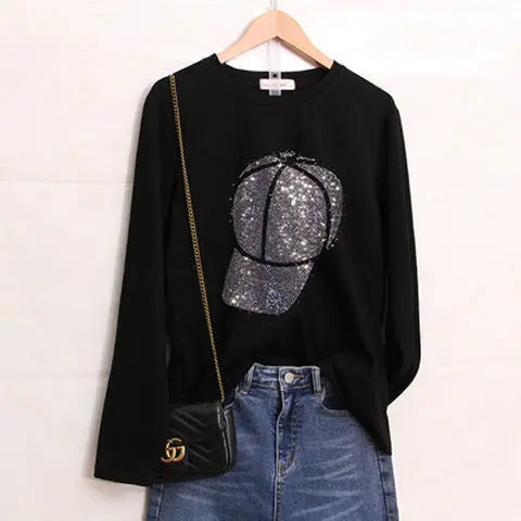 Glitter T Shirts for Women Korean Fashion Sequin Clothing Black Clothes Aesthetic Woman T-shirt  Rhinestone Streetwear Top Loose