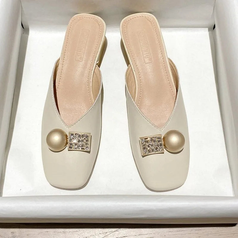 Slides Mules Summer Outside Shoes For Women 2024 Low Heel Woman Slippers Off White Sandals Leather Natural Skin Luxury B Sale W