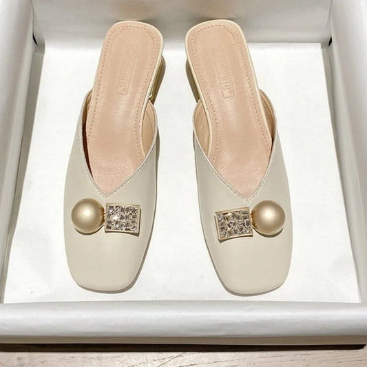 Slides Mules Summer Outside Shoes For Women 2024 Low Heel Woman Slippers Off White Sandals Leather Natural Skin Luxury B Sale W