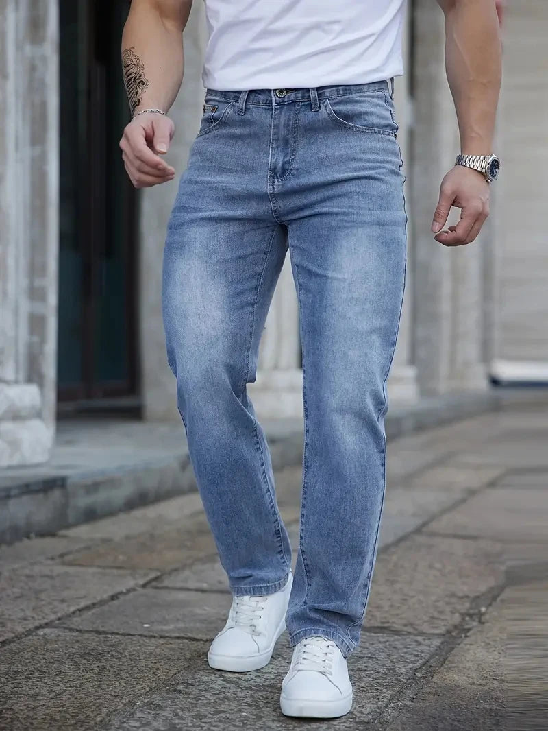 2025 Summer Thin Men's Stretch Baggy Jeans  Elastic Waist Embroidery Business Casual Straight Denim Trousers Classic Style Male