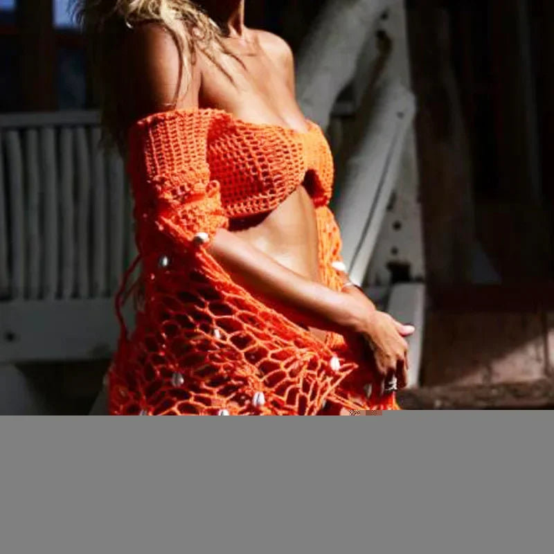 Fishnet Solid Color Shells Swimsuit Skirt Bikini Cover-Up Shawl Summer Beach Cover Up Women's Swimwear Triangle Wrap