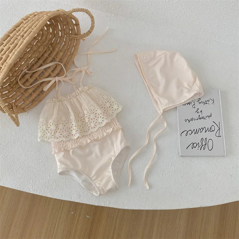 deer jonmi 2025 Summer Korean Style Baby Girls Swimsuits Lace Hollow Out Toddlers Kids Beach Vacation Bikini Children Swimwear