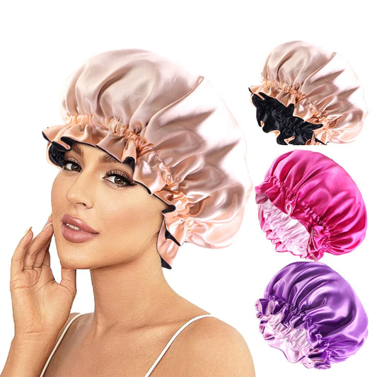 New Solid Elastic Double Layer Satin Bonnet Nightcap Doubleside Women Shower Bath Caps Night Sleep Hair Protection Hat